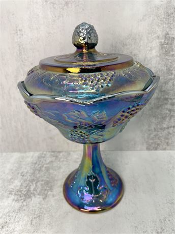 Indiana Carnival Glass Iridescent Blue Harvest Grape Lidded Compote