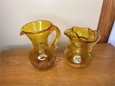 Vintage Amber Crackle Glass Pitchers