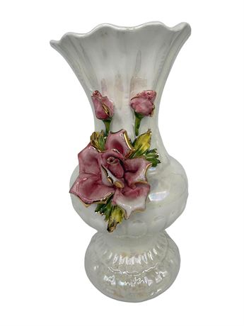Capodimonte Italy Porcelain Iridescent Vase with Pink Flowers