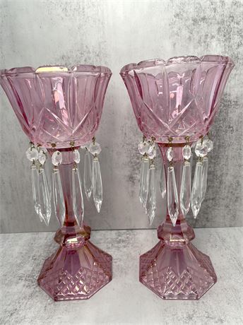 Cranberry Iridescent Mantle Lusters w/ Glass Prisms