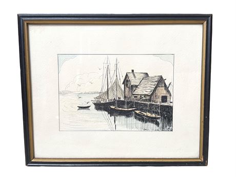 Original Hand Colored Sketch Pier Scene
