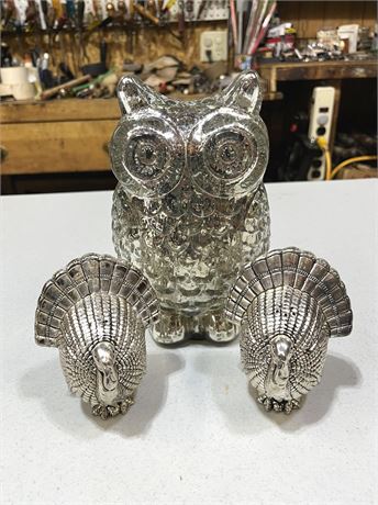 Mercury Glass Owl and Turkey Salt/Pepper