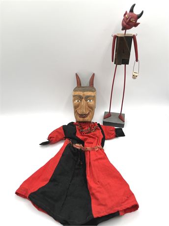 Carved Wood Devil Hand Puppet and Block Devil Art