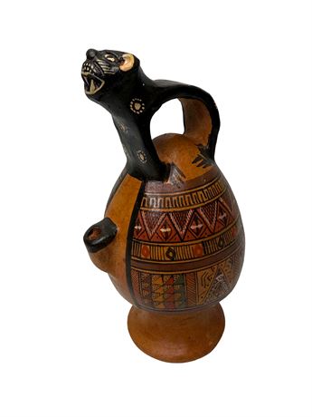 Vintage Peruvian Hand Painted Jaguar Jug