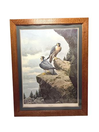 Guy Coheleach "Peregrine's Return" Lithograph Print Large Oak Frame