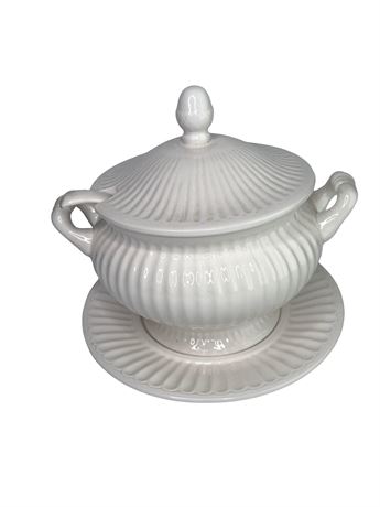 White Ribbed Ironstone Soup Tureen w/ Ladle