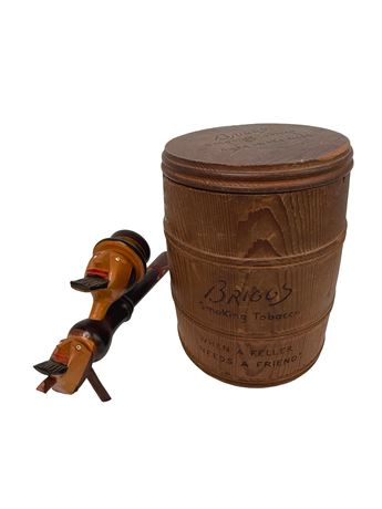 Antique Brigg's Wood Tobacco Barrel and Carved Wood Pipe