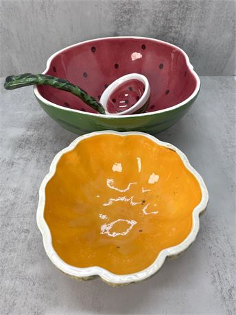 Jan Pugh Pottery Watermelon and Canteloupe Serving Bowls