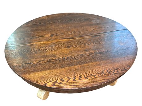 Antique Round Oak Pedestal Table on Casters