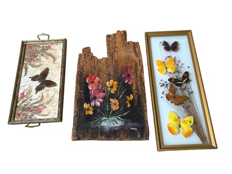 Butterfly Taxidermy and Floral on Wood Painting