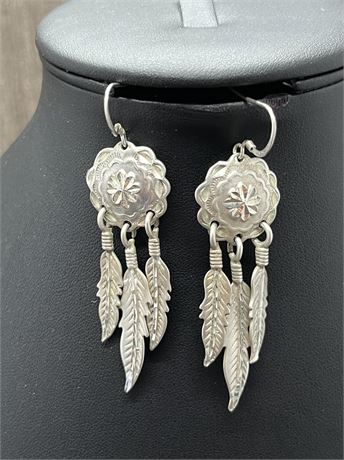 Sterling Silver Shield and Dangle Feather Earrings