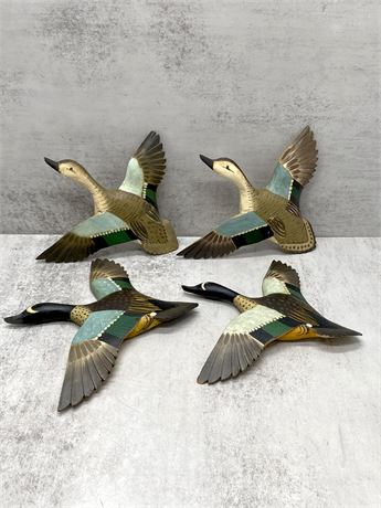 Hand Painted Carved Wood Flying Ducks