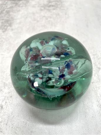 Aqua Glass Floral Glass Paperweight