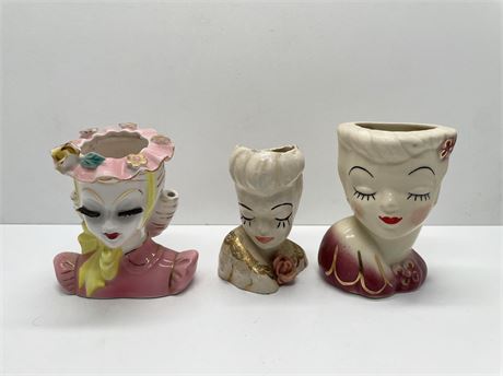 Three (3) American Bisque Head Vases