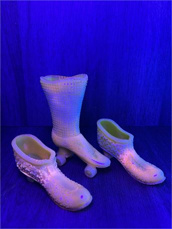 Fenton Uranium Glass Shoes and Roller Skate