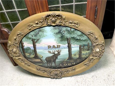 Antique Reverse Painted Glass Oval Moose P.A.P. L.O.O.M.