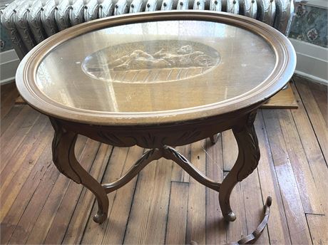 Antique Glass Top Carved Wood Coffee Table