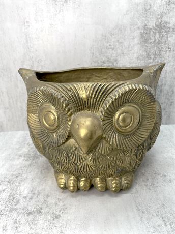 Mid-Century Large Heavy Brass Owl Planter