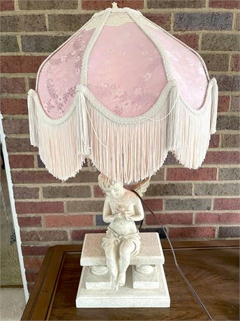 Pink Meyda Shade w/ Ceramic Cherub Angel on Bench