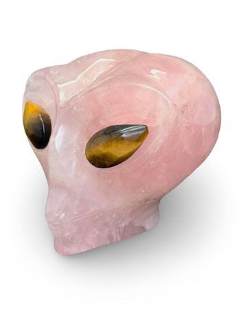 Rose Quartz Tiger Eye Carved Polished Alien Skull