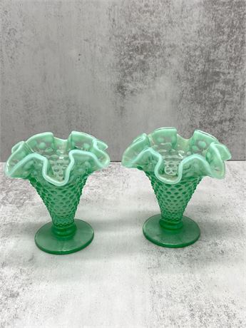 Fenton Glass Green 4' Inch Crimped Hobnail Vase