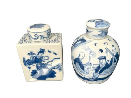 Chinese Blue and White Porcelain Tea Caddy and Ginger Jar