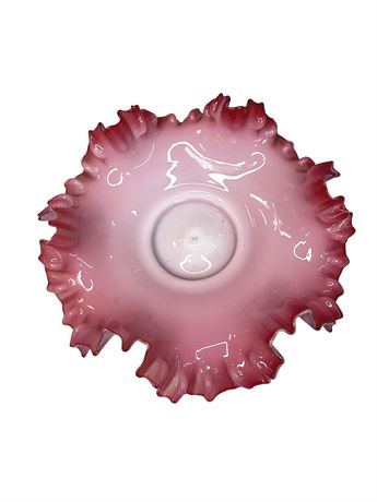 Fenton Style Ruffled Pink and White Bride's Basket Bowl
