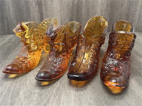 Four (4) Fenton Amber Glass Shoes