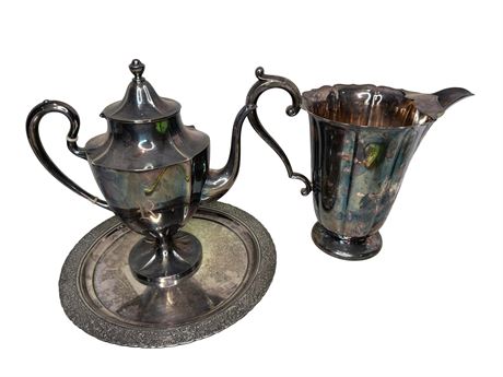 Silverplate Teapot, Pitcher, Tray