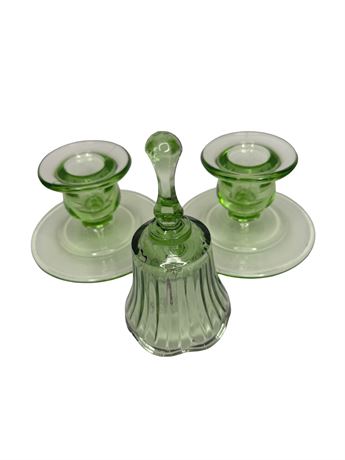 Uranium Glass Candle Holders and Fenton Bell