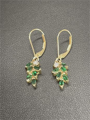 14kt Yellow Gold Emerald and Diamond Lever Back Earrings