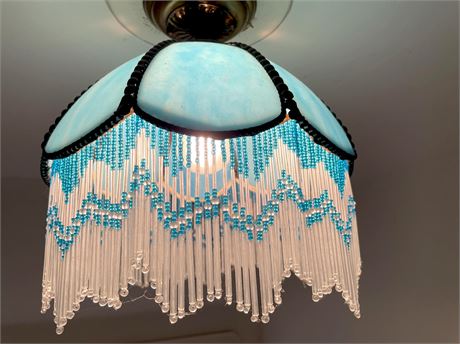 12" Meyda Tiffany Blue Glass Ceiling Shade w/ Glass Bead Fringe