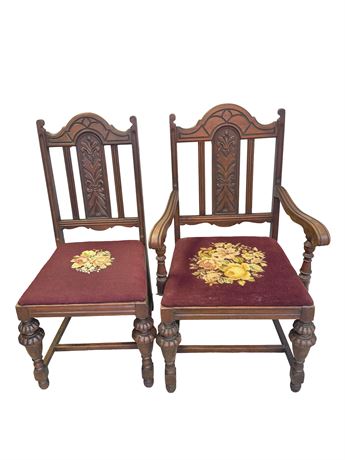 Early 20th Century Jacobean Style Needlepoint Chairs