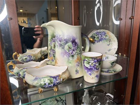 Hand Painted Purple Floral Pitcher, Gravy Boat, Other Pieces