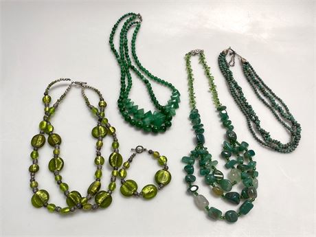Green Stone and Glass Beaded Necklaces & Bracelet