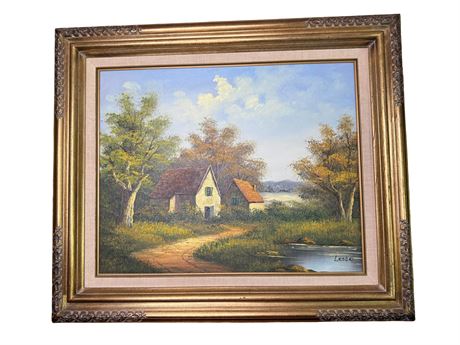 Vintage Cottage Oil on Canvas Painting