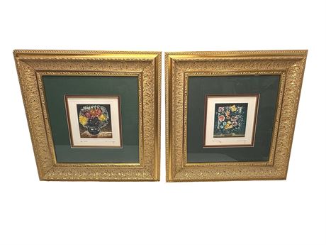 Alfonso Ayuso Signed Floral Prints w/ Wood Frame
