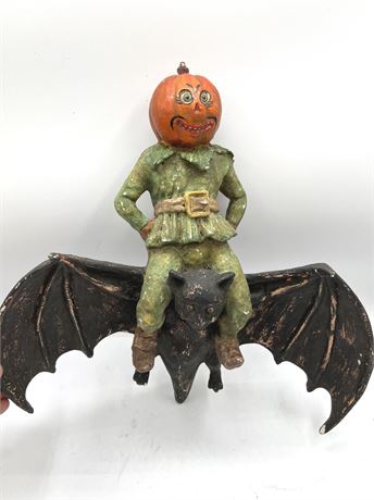 Vintage Large Pumpkin Head on Bat Ornament