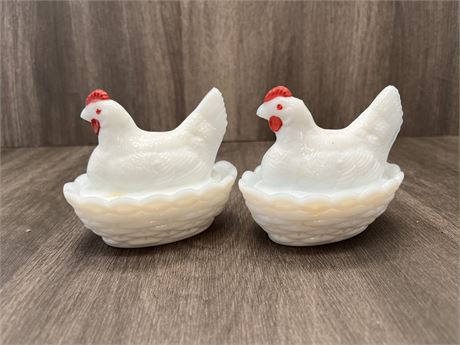 Two (2) Milk Glass Hens on Nests