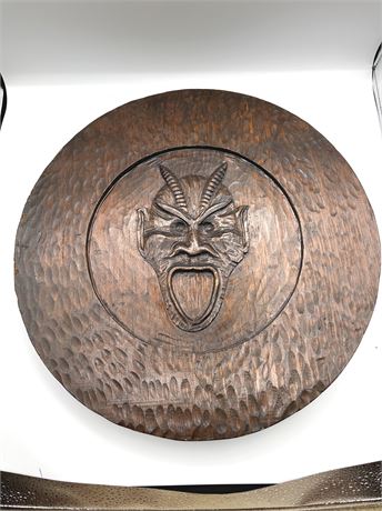 Hand Carved Round Wood Demon Face Wall Plaque