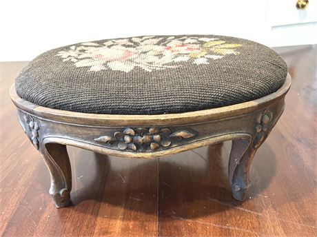 Antique Needlepoint Carved Wood Foot Stool