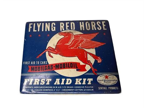 1930s Flying Red Horse" Mobil Gas Mobiloil First Aid Kit Box