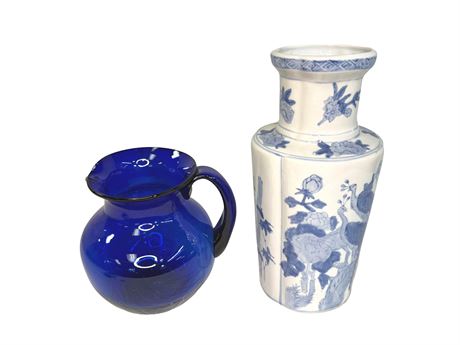 Cobalt Blue Hand Blown Glass Pitcher, Blue White Porcelain Vase