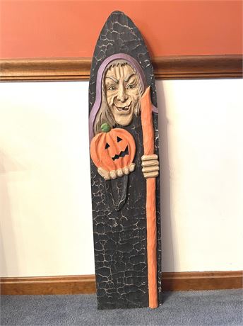 Hand Carved Wood Witch and Pumpkin Wood Sign