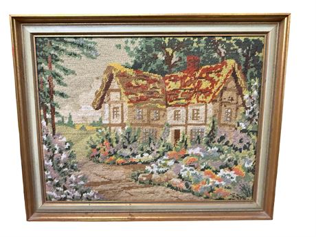 Cottage Needlepoint in Wood Frame