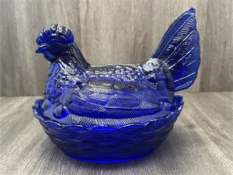 Cobalt Blue Glass Hen on Nest