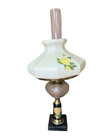 Plume and Atwood Hand Painted Floral Kerosene Oil Lamp