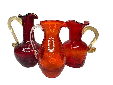 Orange/Red Crackle Handblown Glass Pitchers