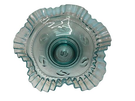 Antique Jefferson Glass Astro Blue Opalescent Ruffled Edge Bowl