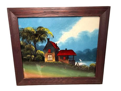 Reverse Hand Painted Oil Painting Countryside Scene on Glass
